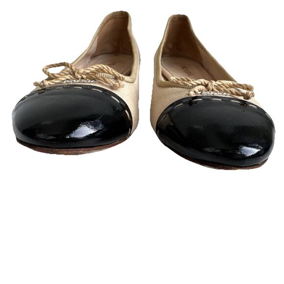 Authentic Prada Size 9 Canvas Colorblock Nude Black Ballet flats With Bow - Picture 4 of 10